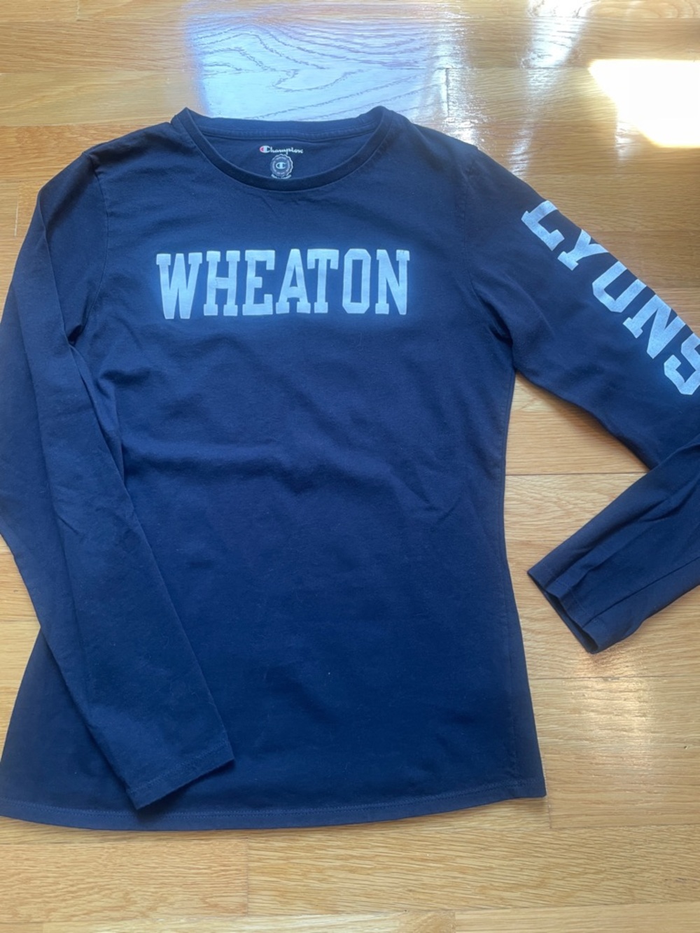 Wheaton College Navy Blue Women’s Long Sleeve T-Shirt with Lyons on Arm